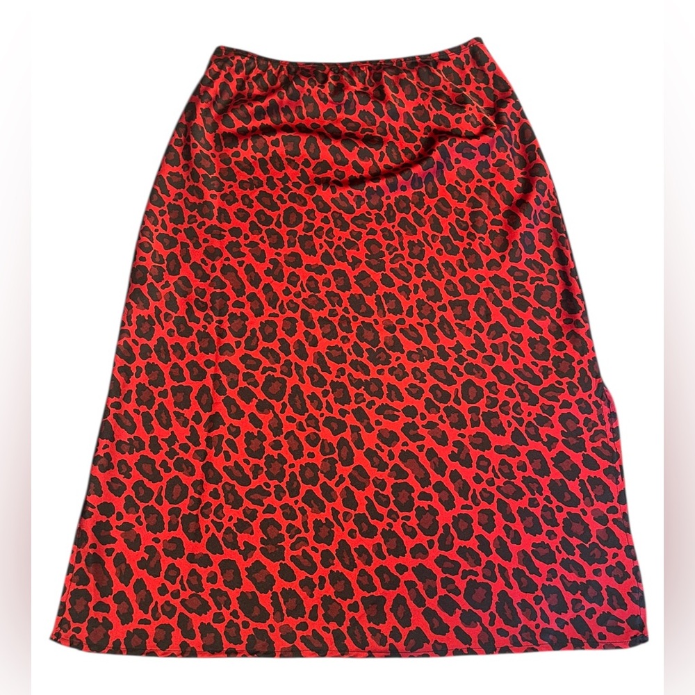 Vylette Red Black Leopard Animal Print Pull On Midi Slip Skirt Satin Size Large